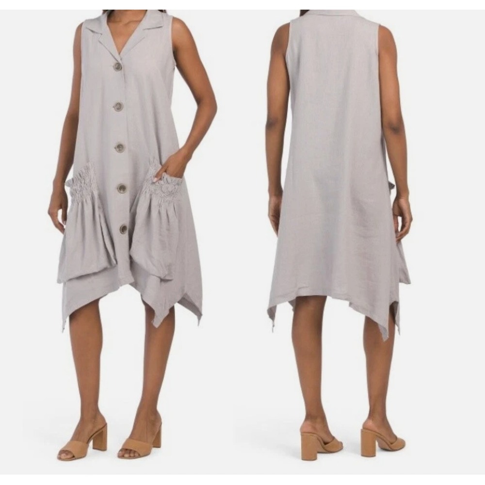 For Cynthia Shirt Dress M? Linen-Blend Sark Bite Hem Ruched Pockets Lagenlook